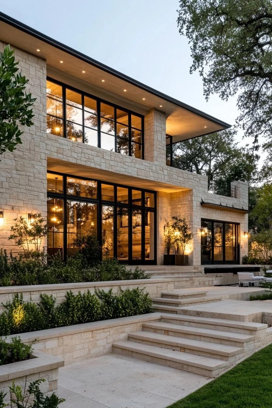 A Stone Home Glowing at Sunset