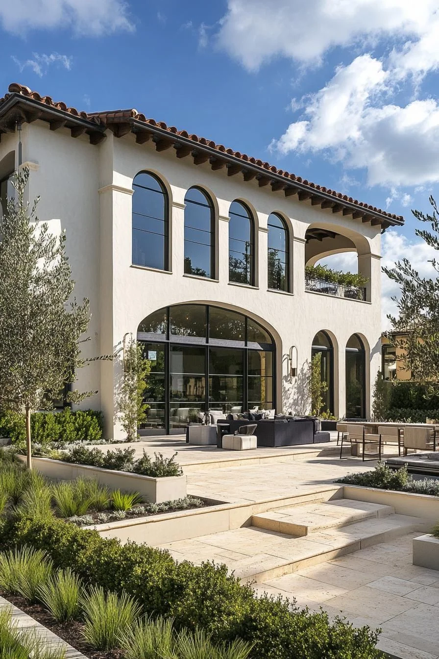 A Villa with Sunlit Arches and Olive Trees