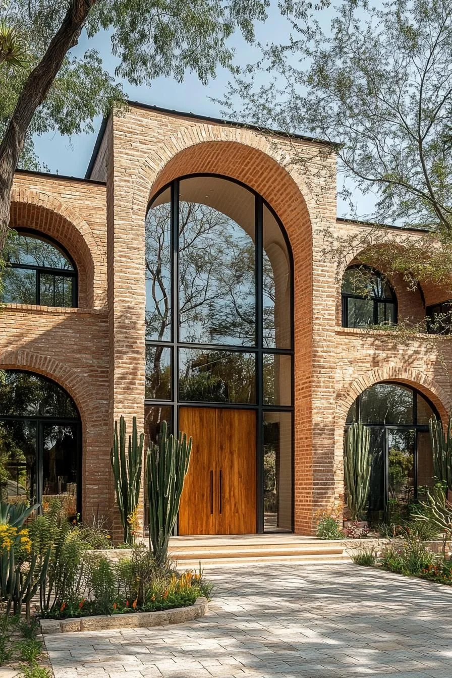 A Brick Archway Home With Cactus Landscaping