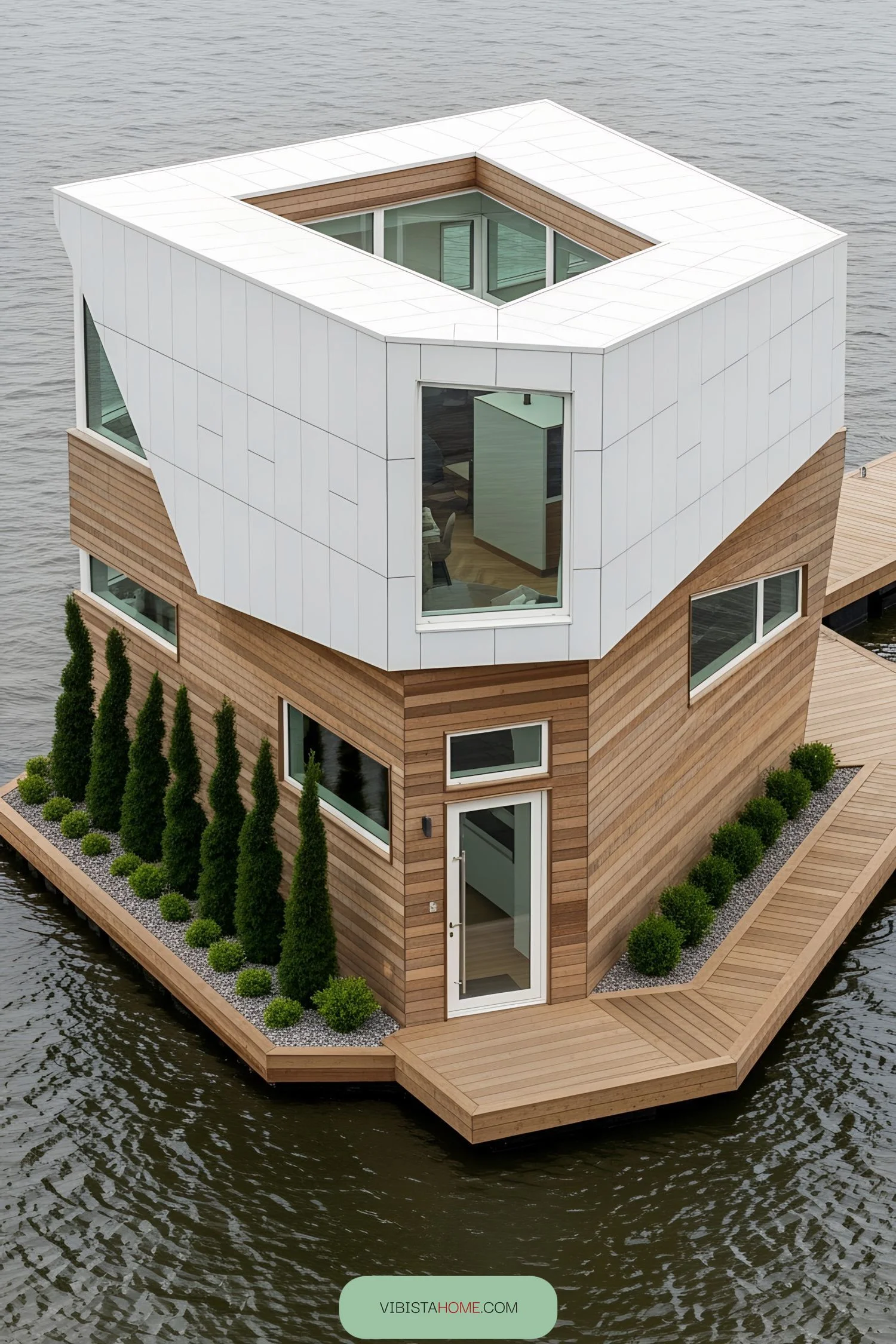 Sleek Cube House Floating on Still Water