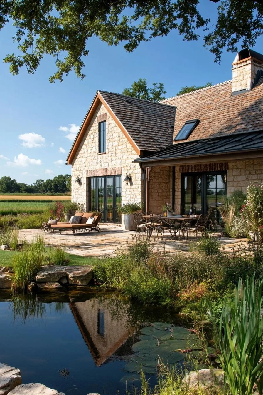 European Cottage Set Beside a Pond