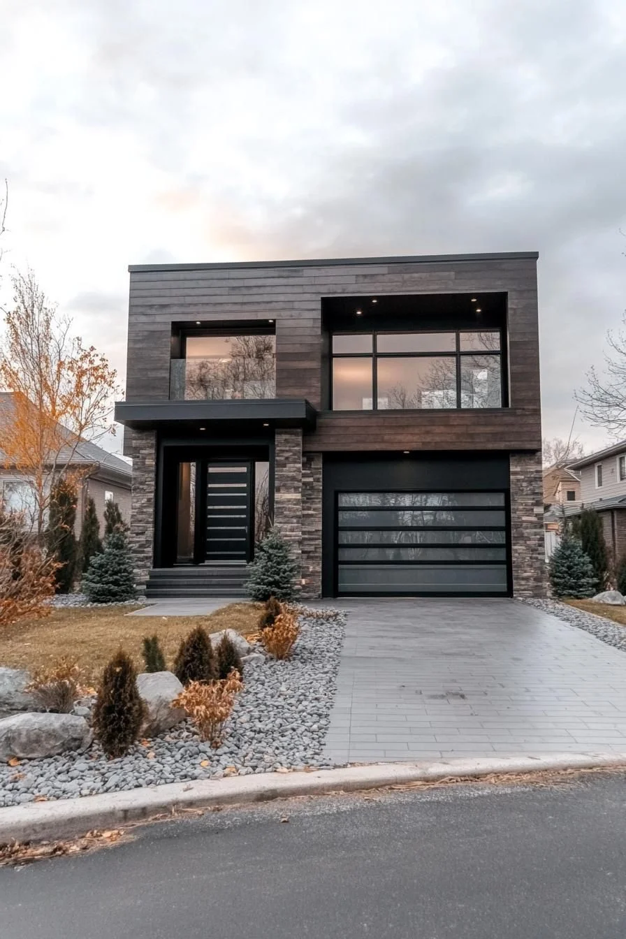 A Boxy Home With a Bold Stone Face