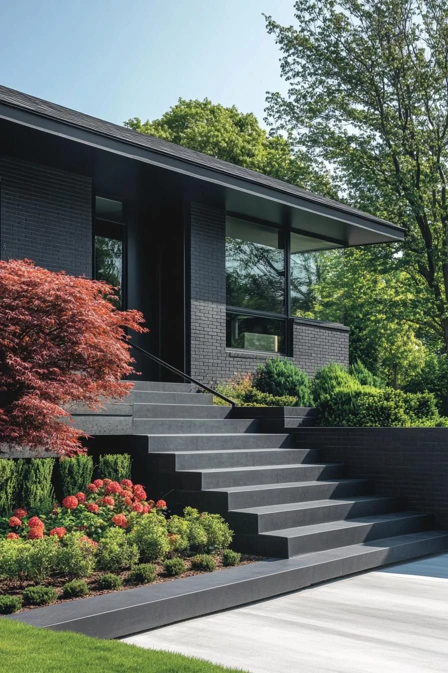 Split Level Stairs Framed by Evergreens