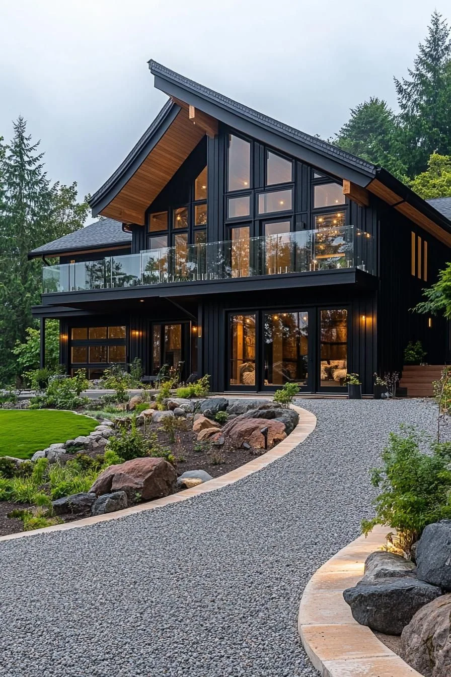 Floor-to-ceiling windows and a bold black exterior give this barn house serious visual weight. A glass balcony adds a modern edge, moving the design firmly away from anything traditional or farmhouse-plain.