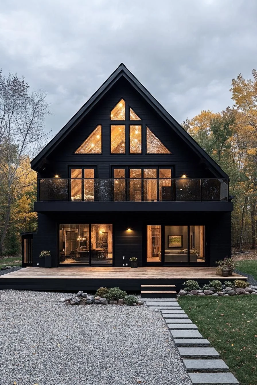 This barn house takes the classic A-frame shape and updates it with a sleek black exterior that sets it apart from typical countryside builds. Oversized glass windows across the front let in strong natural light and put the main living areas on full display.