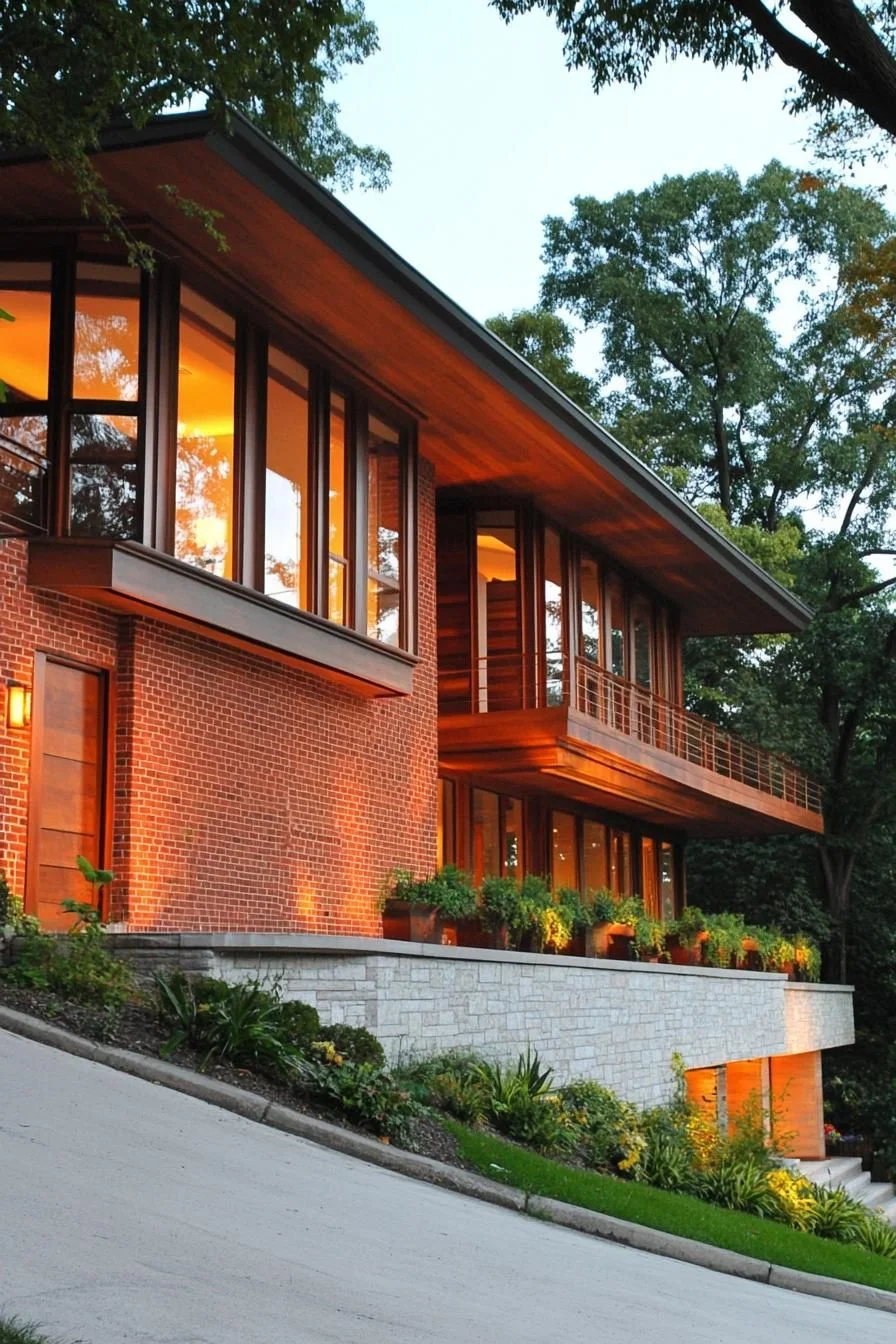 Brick-Clad Slope House on a Hill