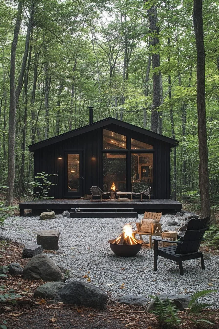 A Sleek Black Cabin After Dark