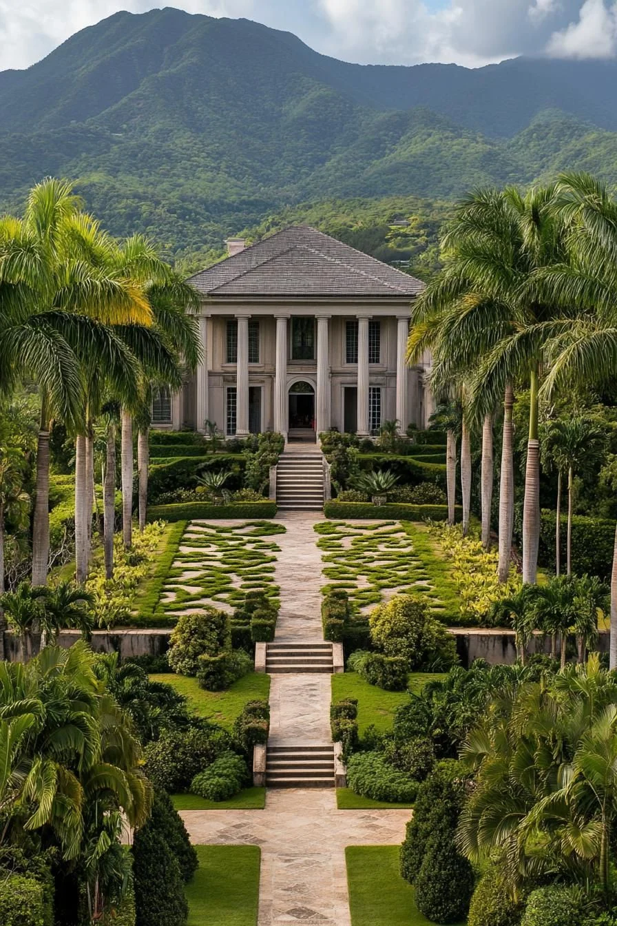 Grand Manor Framed by Mountain Peaks