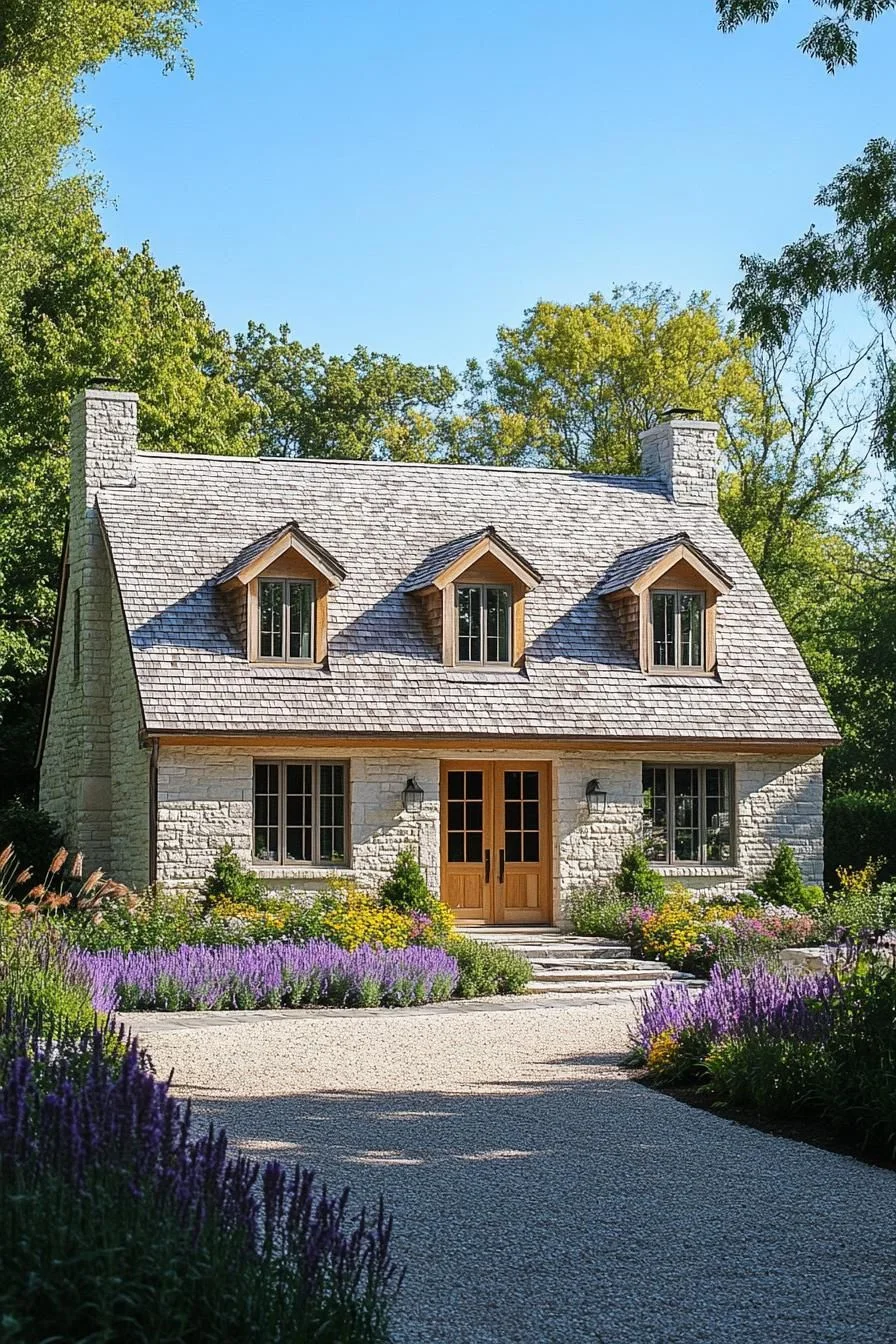 Lavender-Lined Path to a Stone Cabin