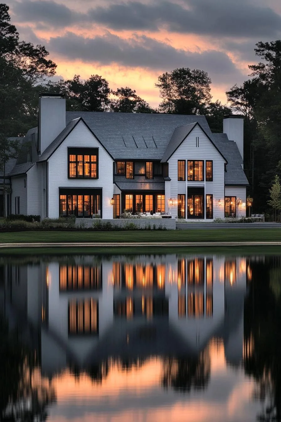 Quiet Twilight Manor by a Gleaming Pond
