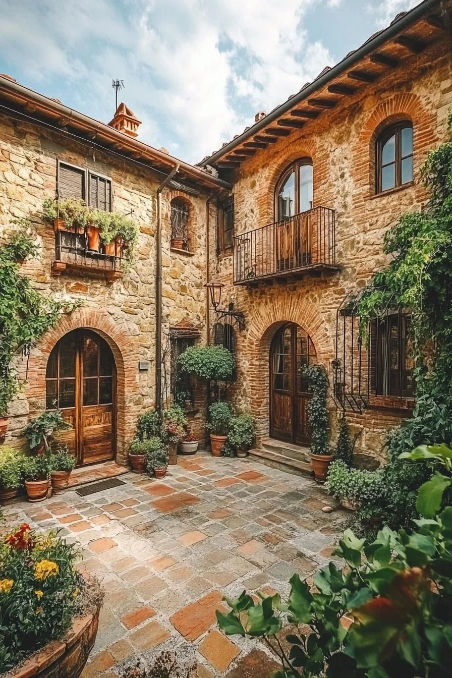 Stone-Clad Facade with Hidden Courtyard