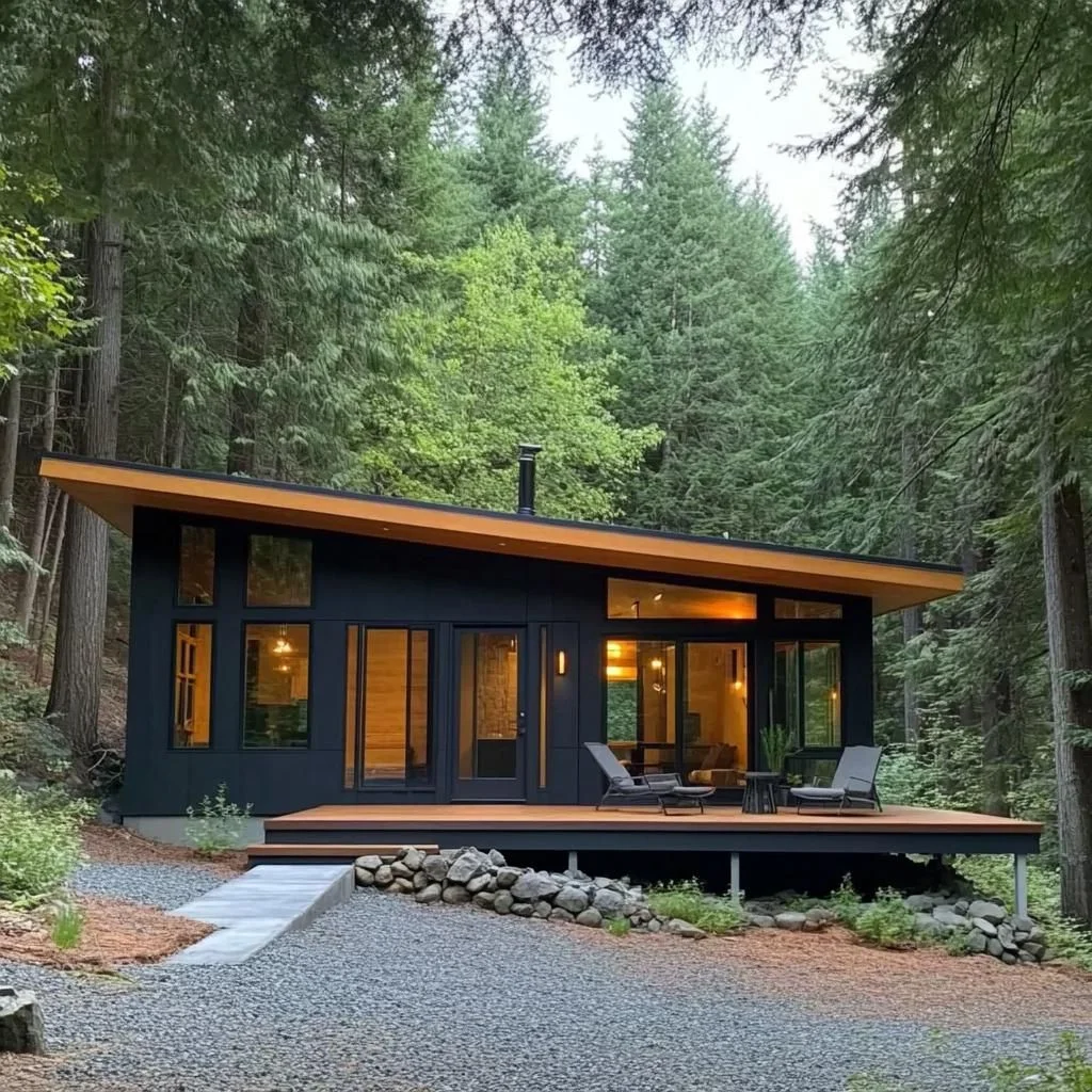 A Dark Cabin Tucked Among Evergreens