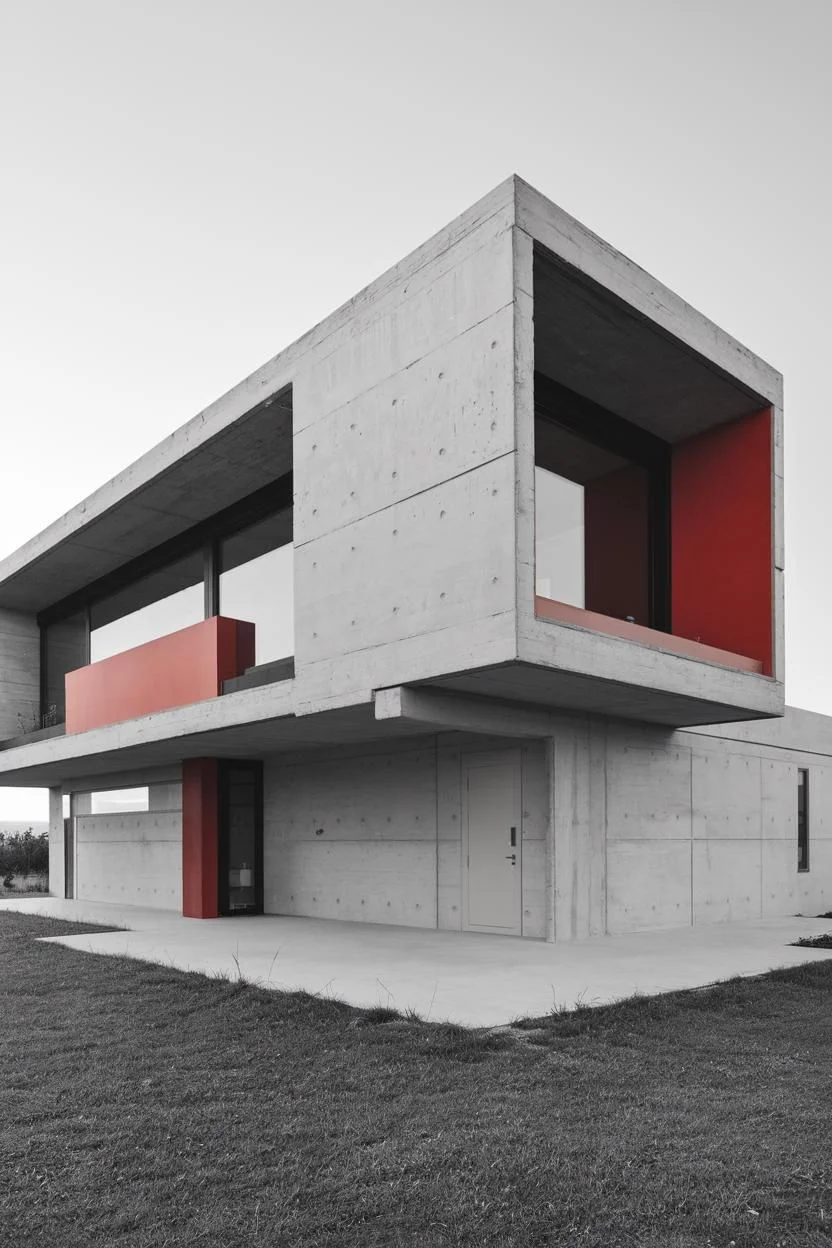 A Cubist Concrete Home with a Red Accent