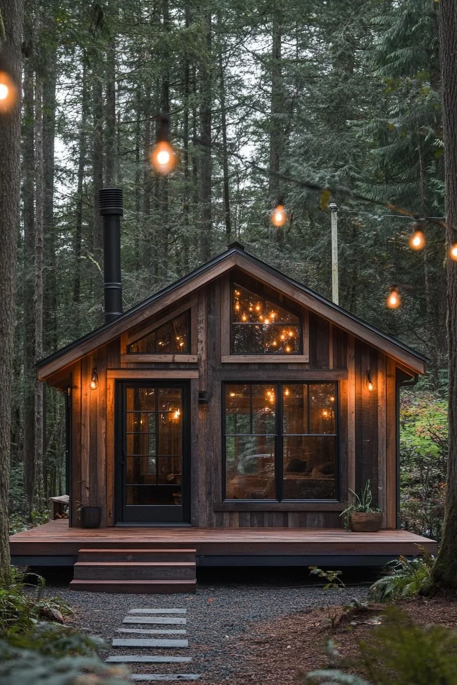 A Timber Cabin Lit Up at Night