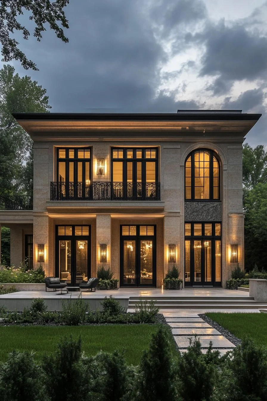 A Neoclassical Home Lit Up at Twilight