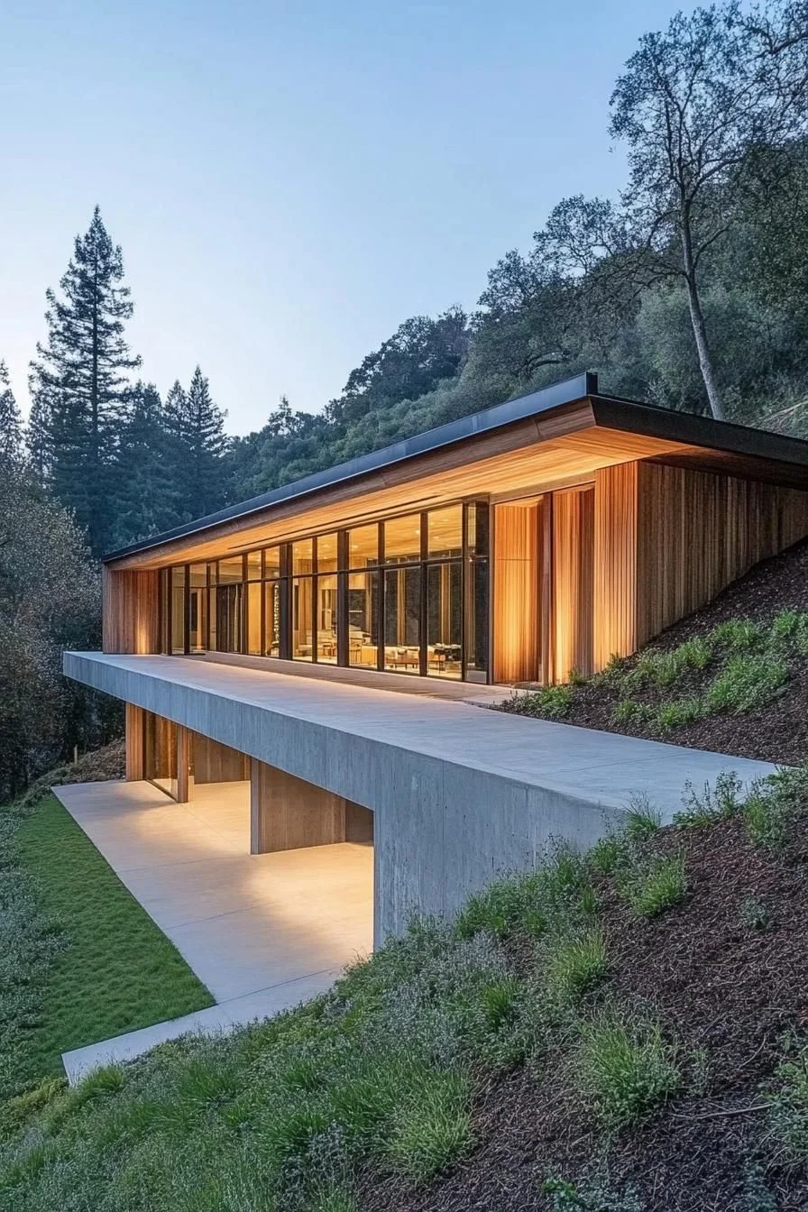 Wood and Glass Long House in the Forest