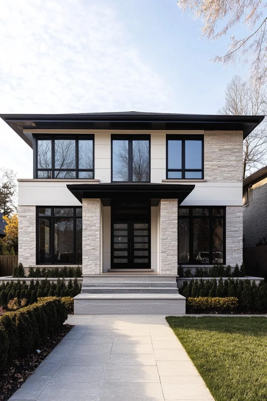 A Stone Suburban Home With a Window Parade