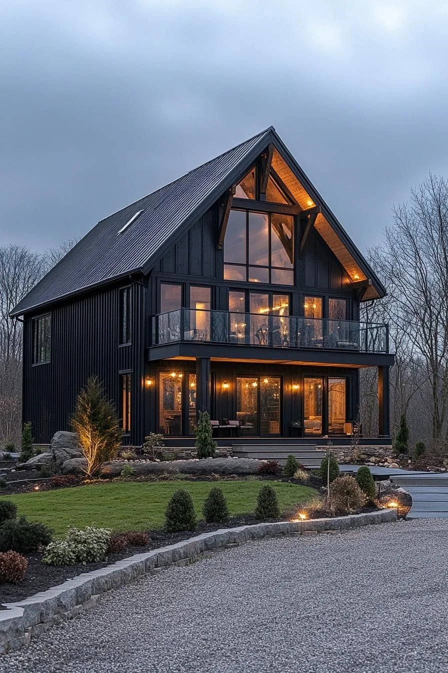 A sleek black exterior sets this barn house apart against a misty evening backdrop. Large glass windows reveal warmly lit interiors, offering just enough of a glimpse inside to make the whole scene feel cinematic.