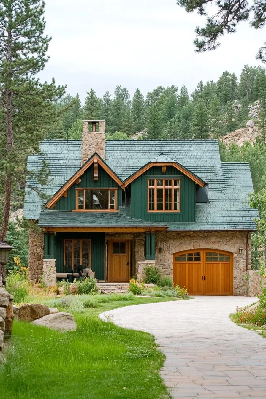 Pine-Trimmed Green Gabled Cottage