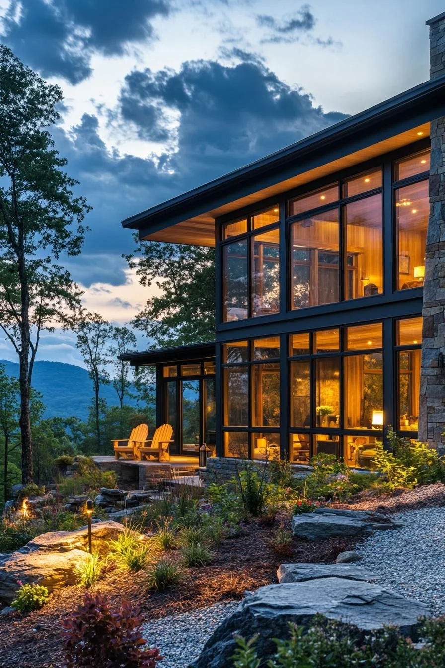 A Mountain Dream Home Lit Up at Twilight