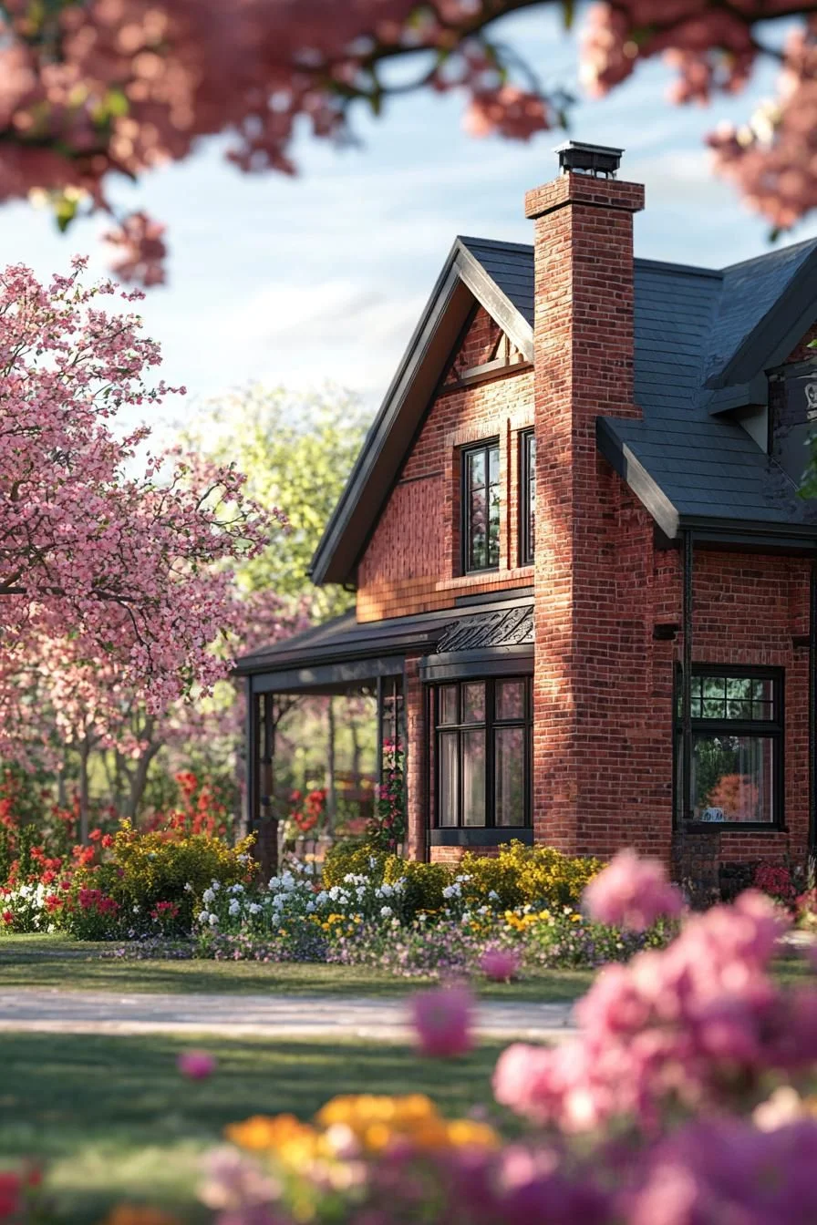 Manor House Framed by Blooming Flowers