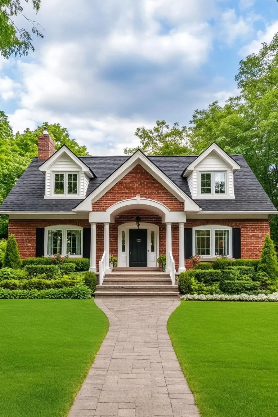A Brick Ranch With Porch and Peak Details
