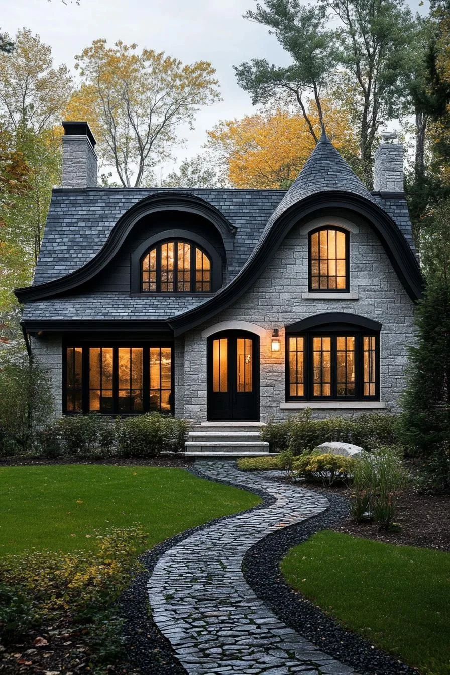 Curved Stone Home with a Twilight Glow