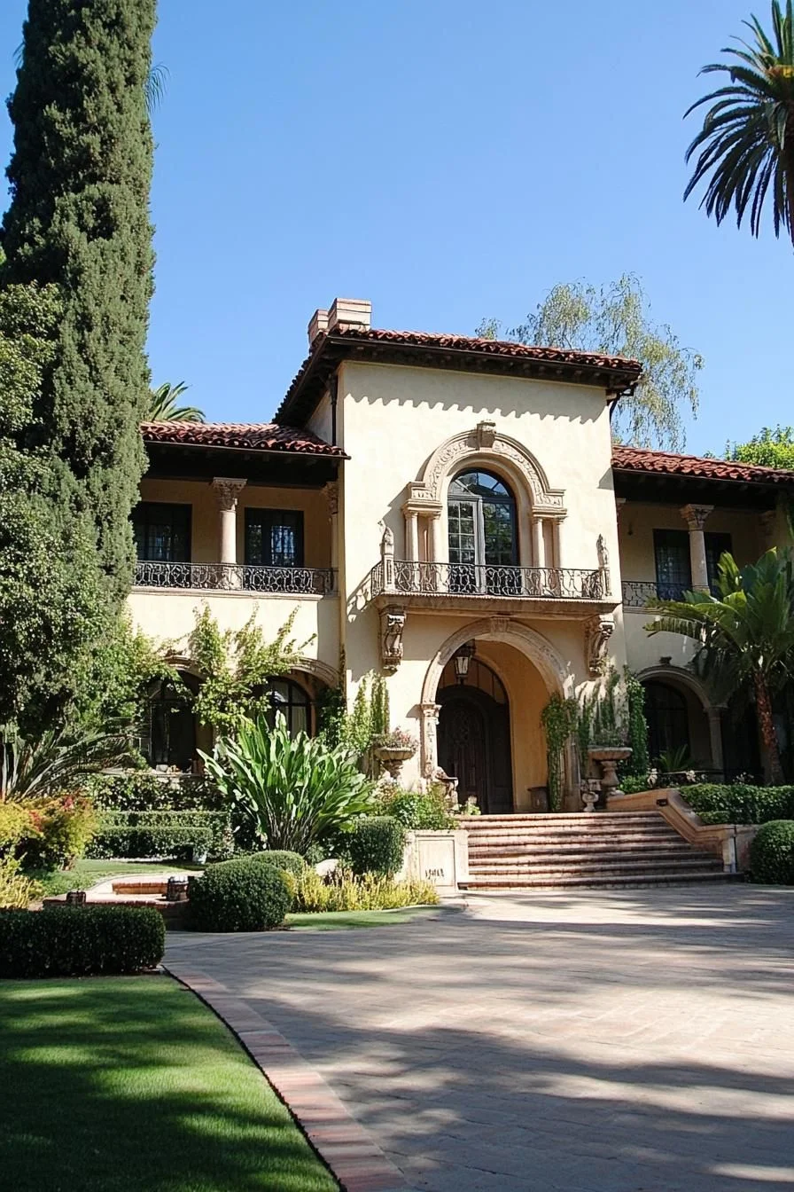 A Villa with Sunlit Palms and Architectural Detail
