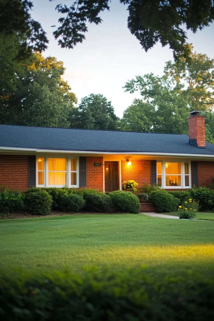 A Brick Ranch Lit Up at Dusk