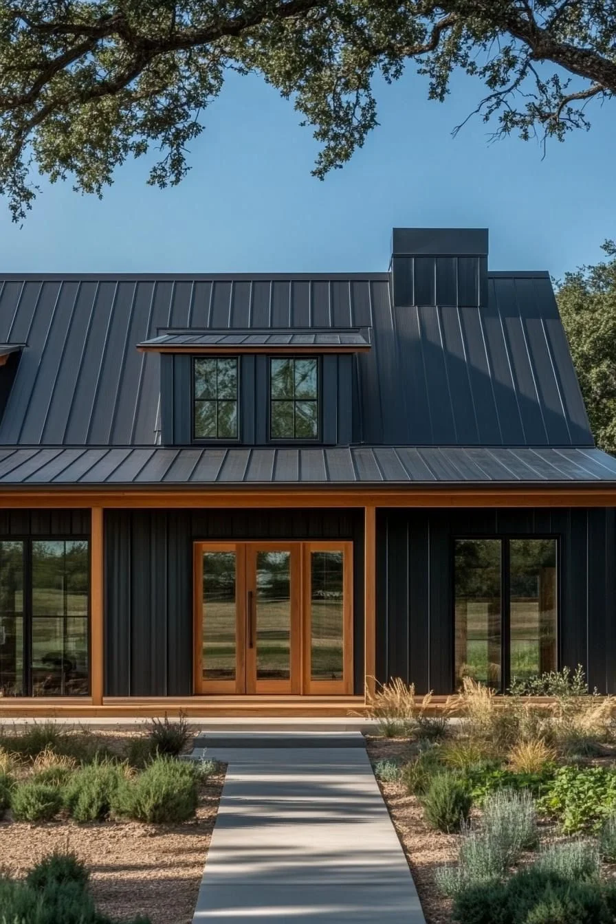 A Midnight Metal Barndominium With Wood Accents