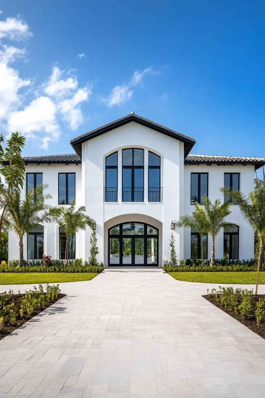 A Palm-Lined Palace Under Blue Sky