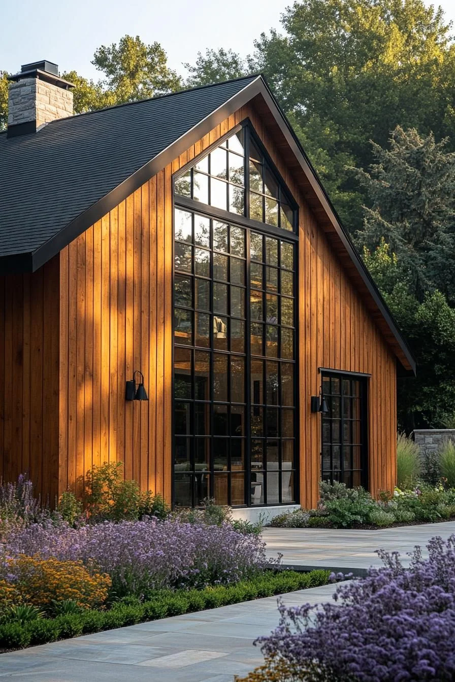 Sunlit Timber Facade with Glass Windows