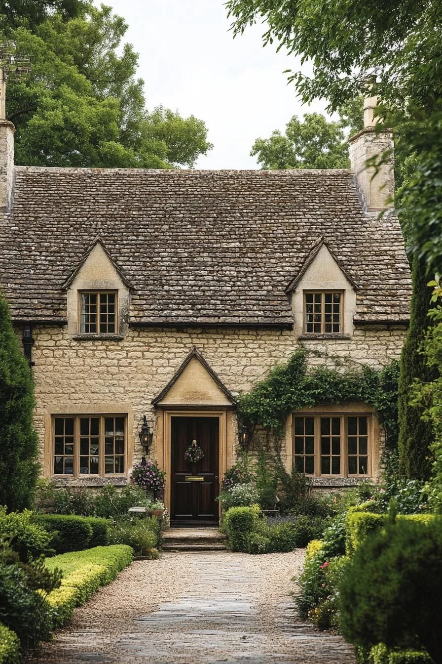 Stone Cottage Framed by Garden Paths