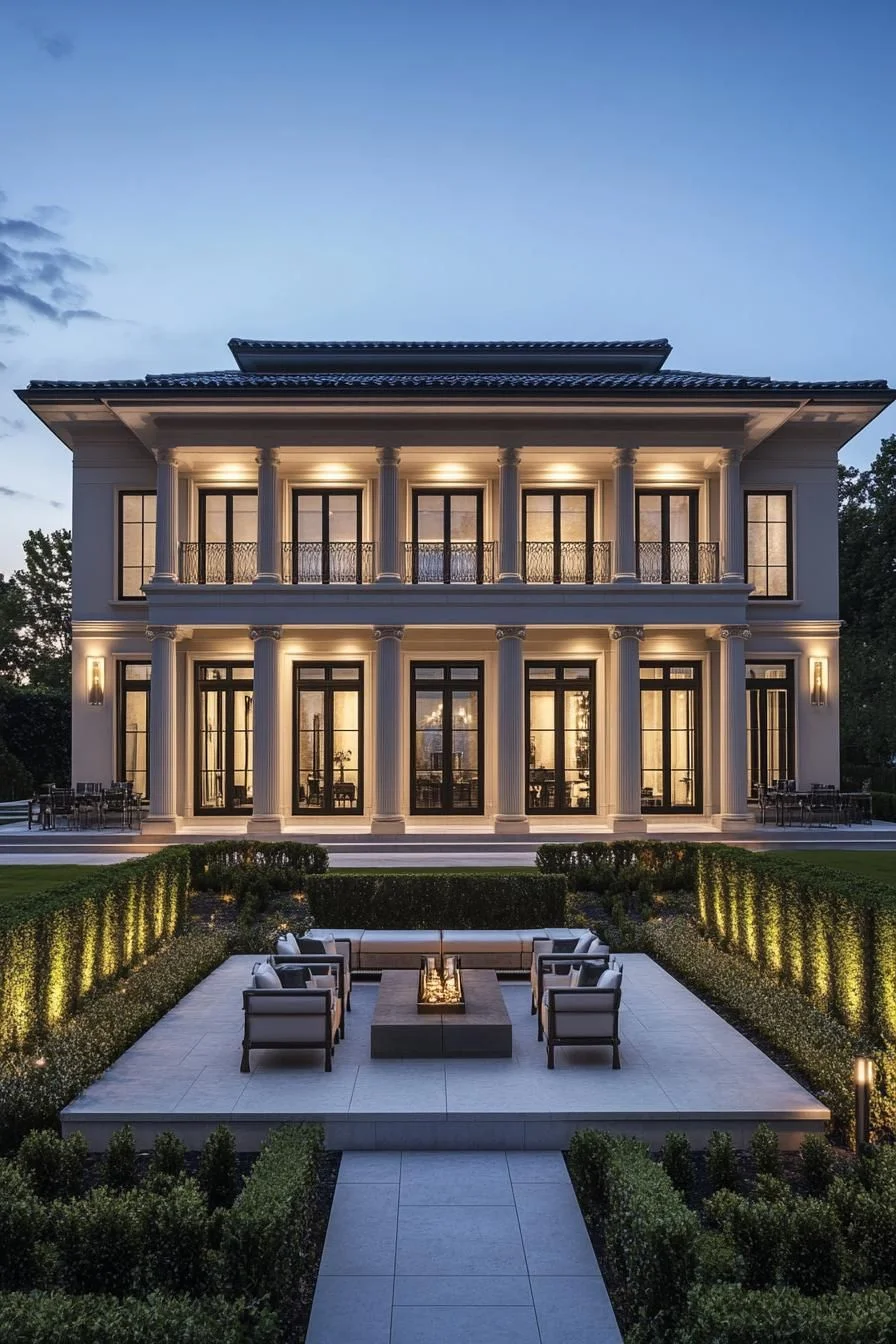 Illuminated Villa With Grand Columns