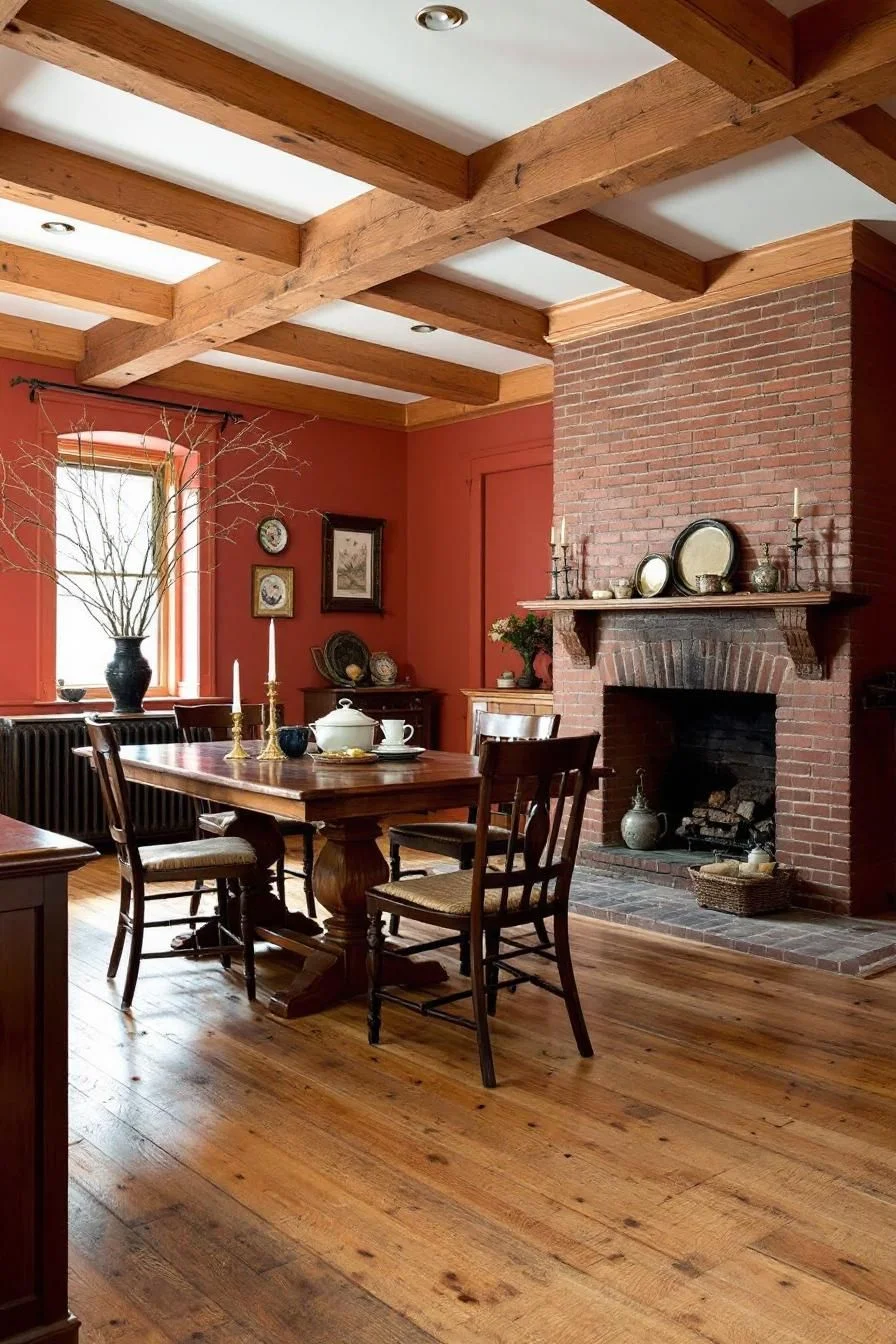 Rustic Wood Beside a Brick Fireplace