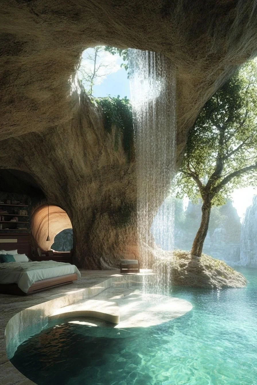 Cave Home Beneath a Waterfall