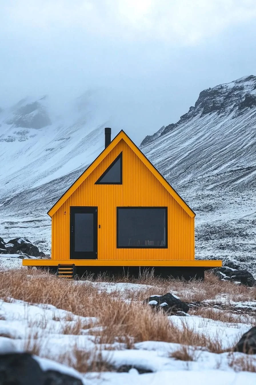 A Bold Yellow Cabin in Winter