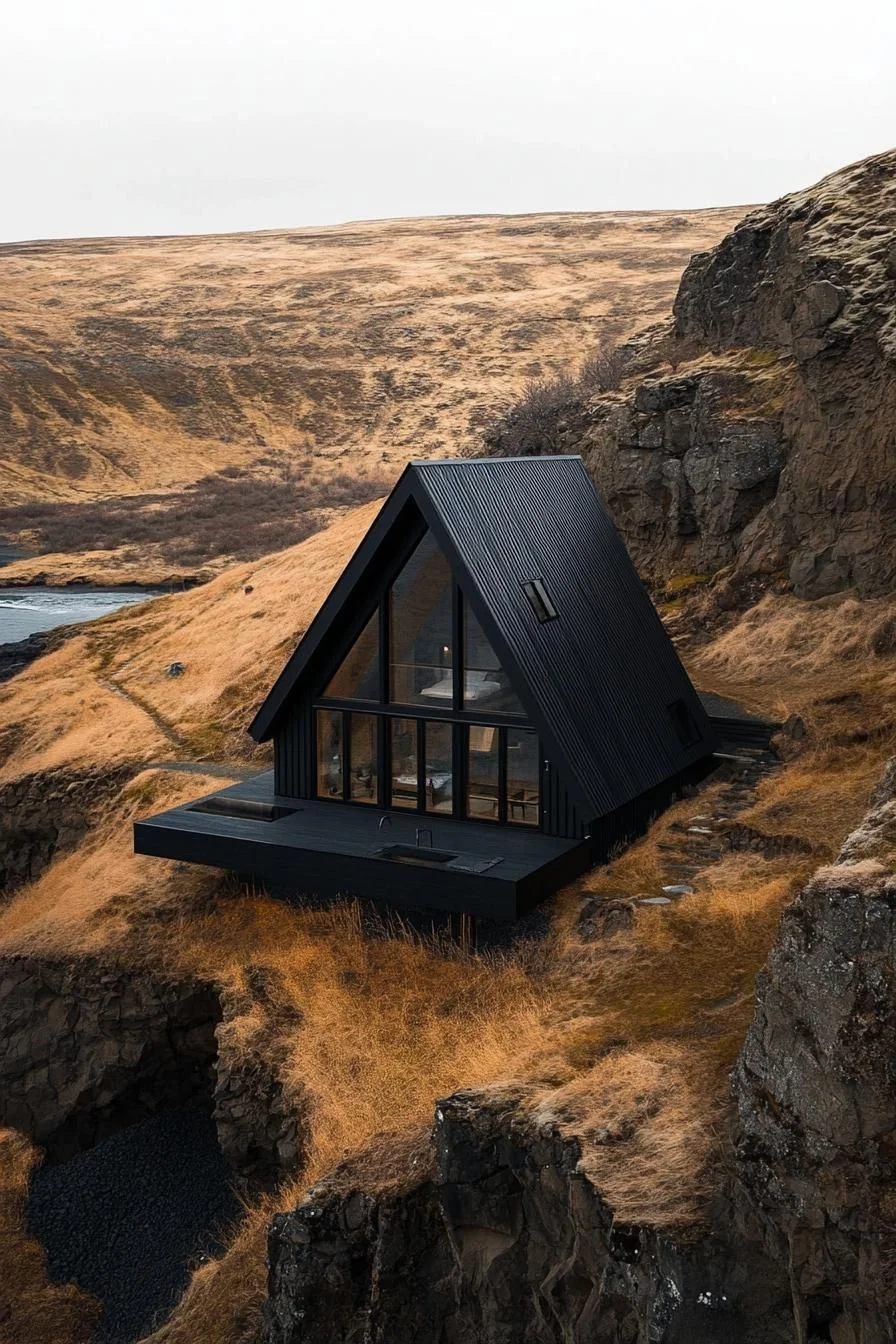 A Black House Set in Rugged Terrain