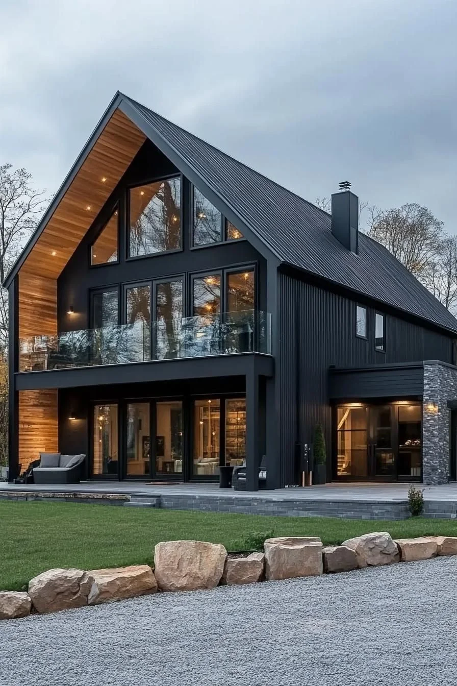 A steep A-frame roof gives this barn house its defining shape, a design detail that architecture fans tend to appreciate. The black exterior stands out clearly against the surrounding greenery, and large windows suggest an interior built around clean, minimalist lines.