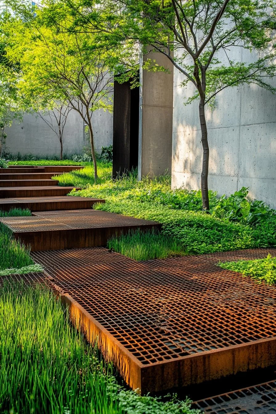 Metal Grate Path Through Layered Greenery