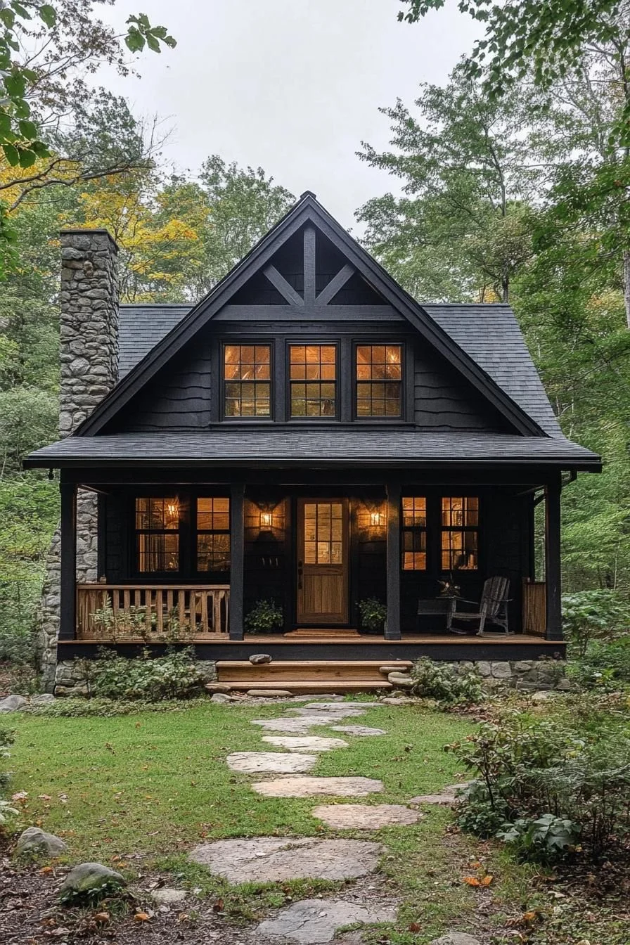 A Shadowed Stone Lodge Cabin