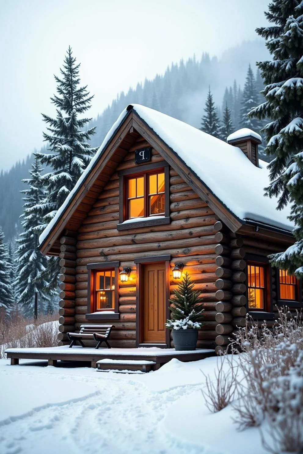 A Cabin Tucked in Snow-Dusted Pines