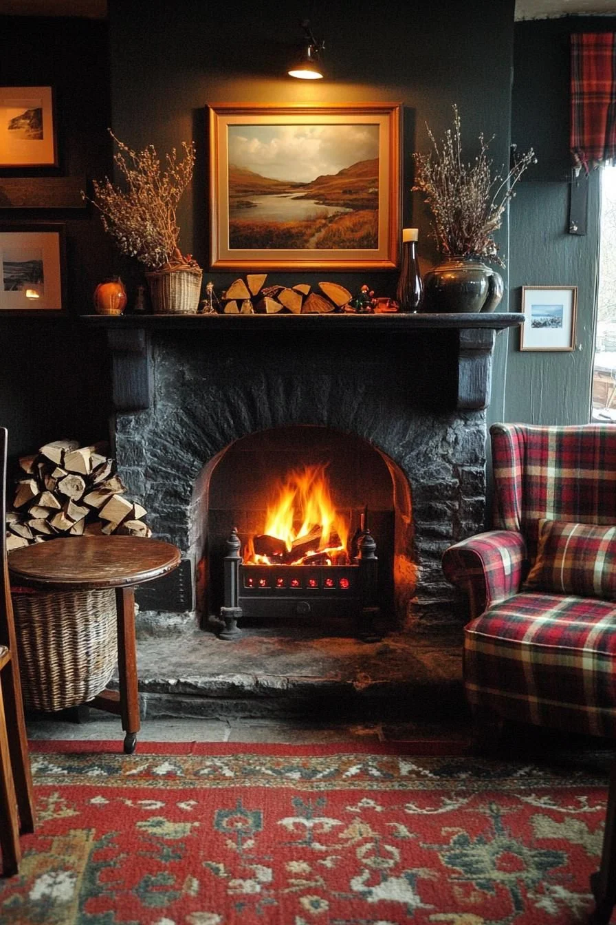 A Deep Red Plaid Fireside Corner