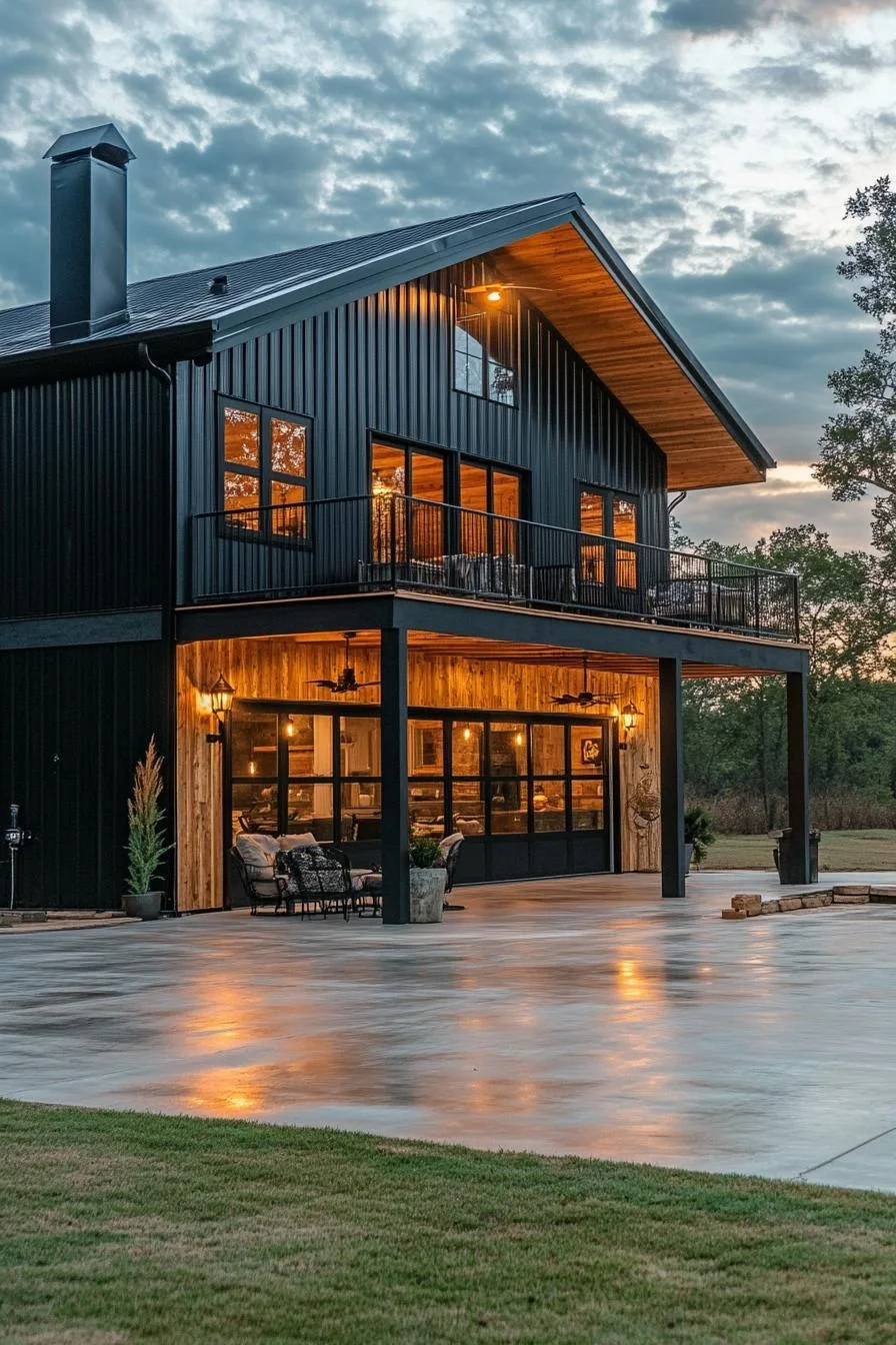 A Shouse Barndominium Glowing at Dusk