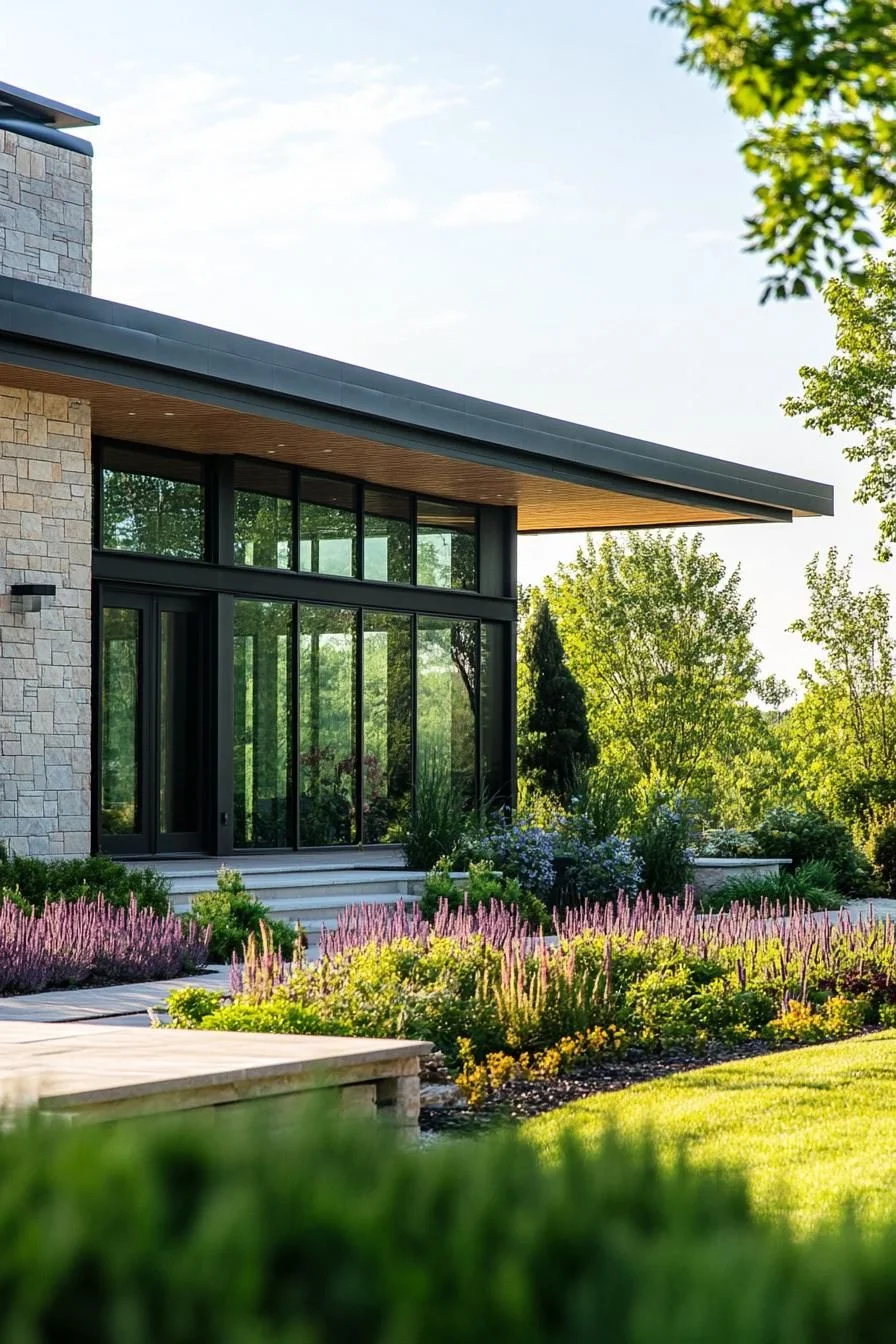 Stone and Glass Home Surrounded by Plants