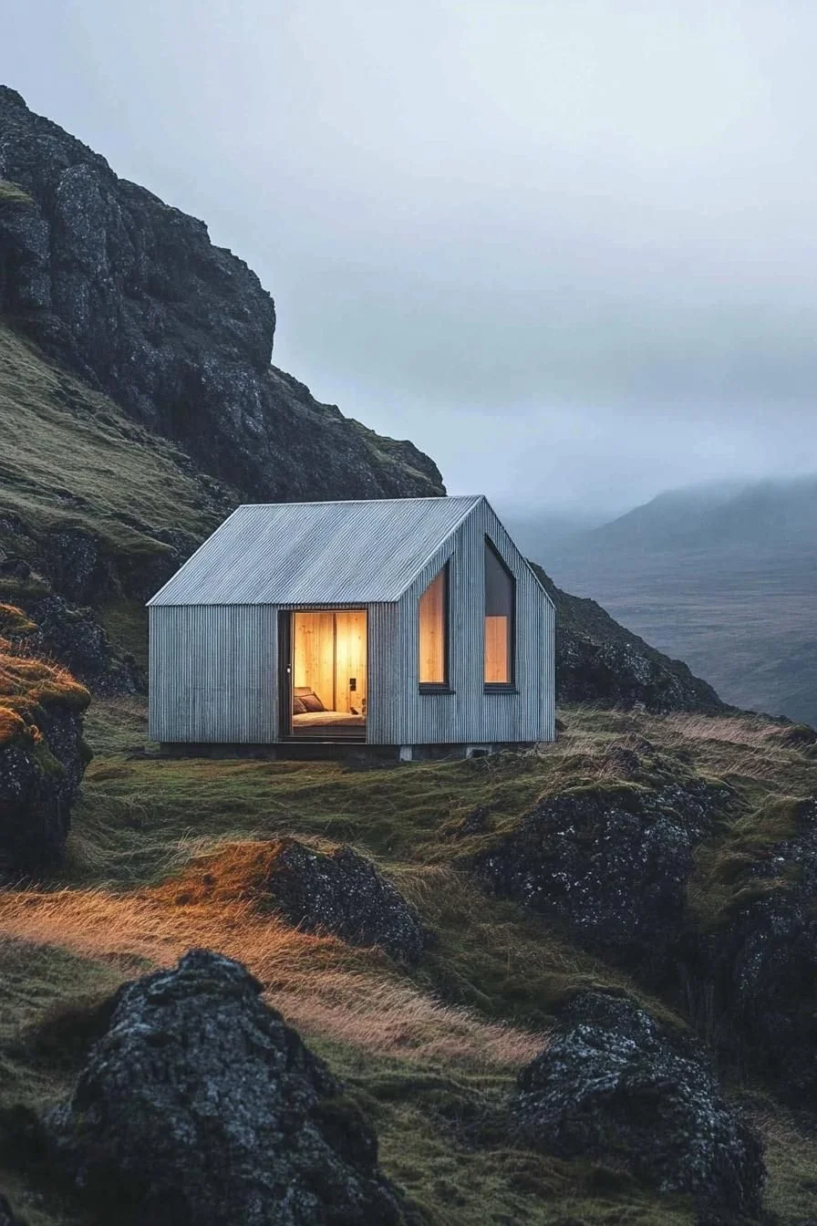 A Glowing Cabin on a Misty Ridge