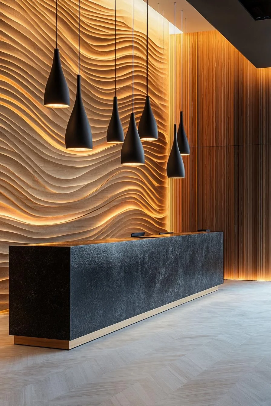 Timber Wave Wall With Soft Lighting