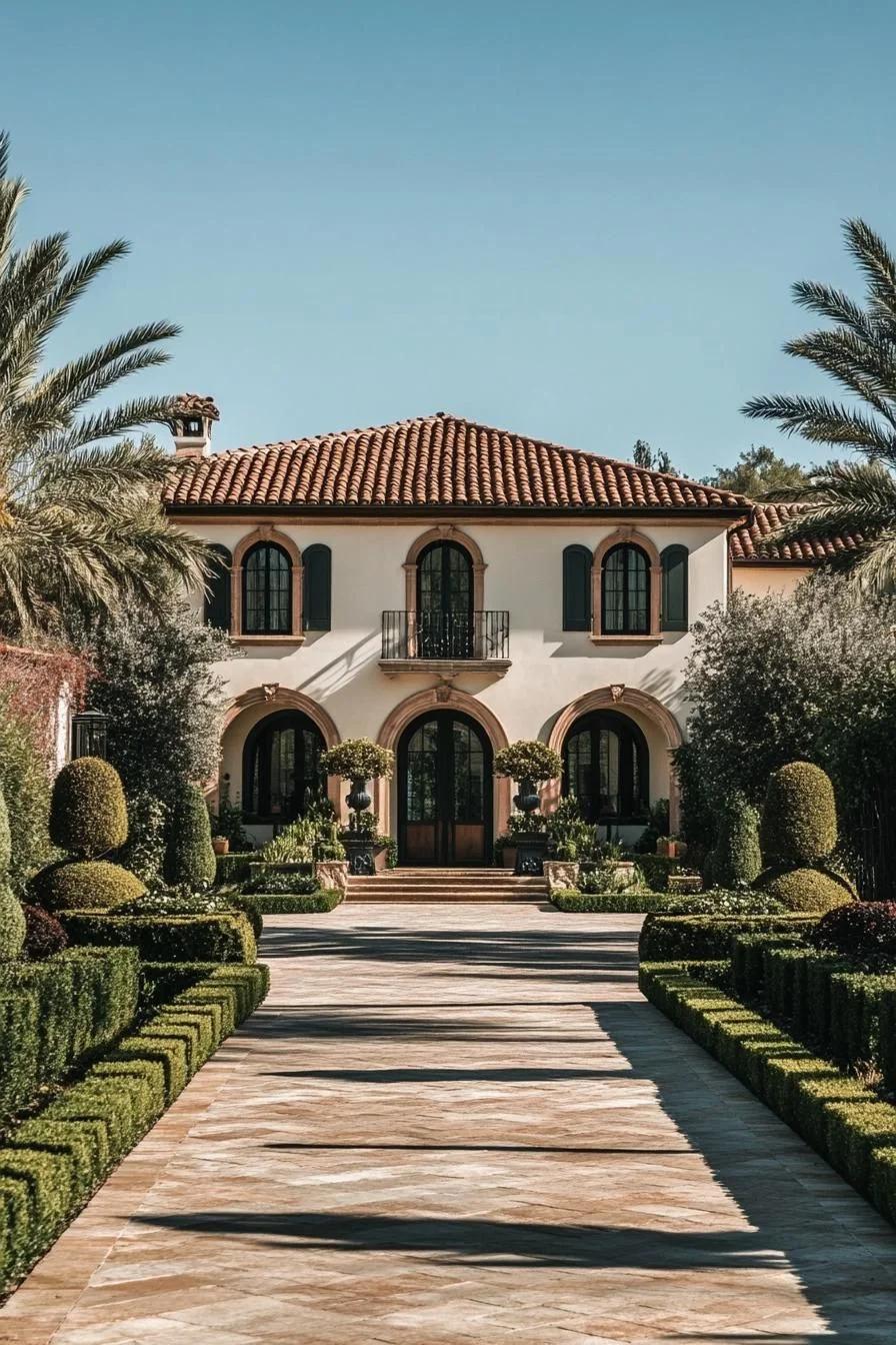 A Mediterranean Villa with Grand Arches and Greenery