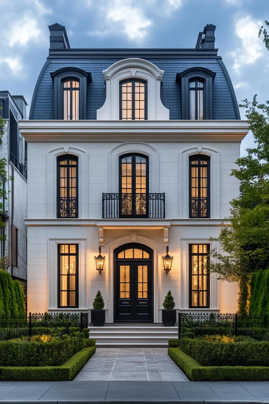 Stone French Home Lit at Night