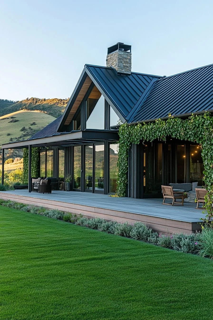 Green Long House Blending Into the Landscape